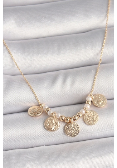 Pirinç Gold Renk 5'li Osmanlı Tuğra Figür İnci Detay Kadın Kolye Çok Renkli
