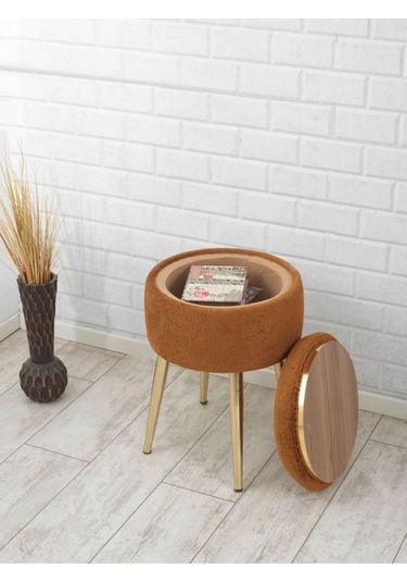 Bella Metal Ayaklı Puflu Teddy Kumaş Sehpa Altın Turuncu Gold Orange