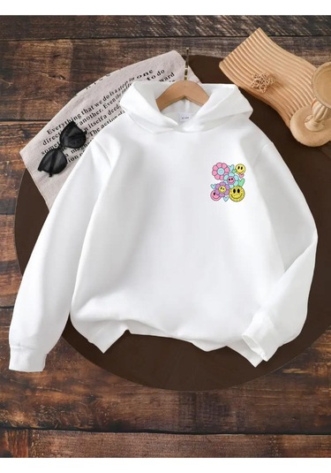 Kışlık Kapüşonlu Sweatshirt, Çocuk Yanda Çiçekler Gülücükler Baskılı BEYAZ