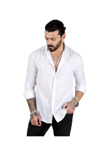 Deepsea Erkek Beyaz Çizgili Likralı Hakim Yaka Gömlek Beyaz