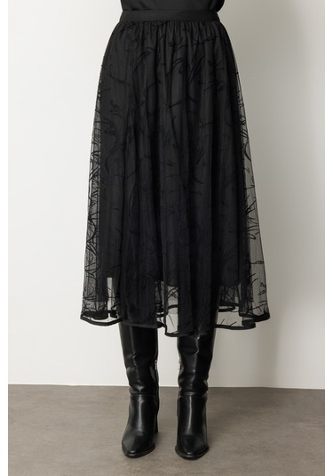 Ekol Kadın Kadife Desenli Tül Etek 2401 Siyah Siyah