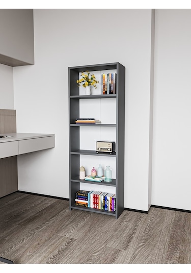 Alpa Ev Mobilya 5 Raflı Kitaplık, Modern Çok Amaçlı Ahşap Ofis, Salon Ve Mutfak Raf Dolabı Antrasit