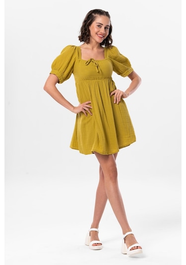 Kısa Kol Lara Kare Yaka Bağlama Detaylı Yazlık Müslin Elbise Yağ Yeşili Ygysl-yağ Yeşili Yeşil