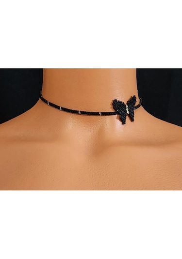Harmel Jewelry Miyuki Siyah Kelebek Choker Kolye Siyah