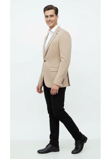 Plus Scorpion Bej Erkek İtalyan Kesim Blazer Ceket Kol Yamali, Slim Fit, Şık Ve Modern Tasarım Bej