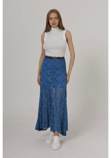 Bel Lastikli Dantel Etek - Mavi Mavi