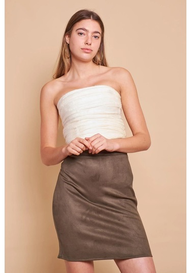 Kadın Hafif Likralı Süet Kumaş Yüksek Bel Diz Üstü Kalem Etek-haki Haki