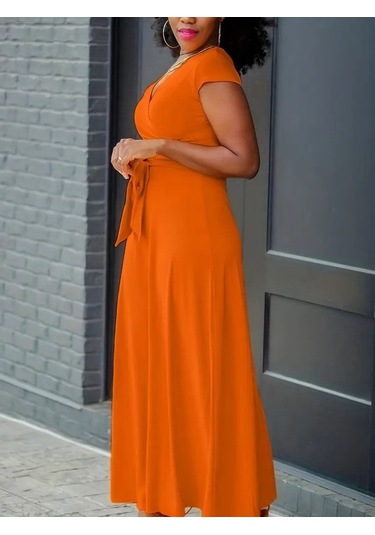 Kadın Kısa Kollu V Yakalı Belden Kuşaklı Maksi Boy Viskon Elbise Turuncu