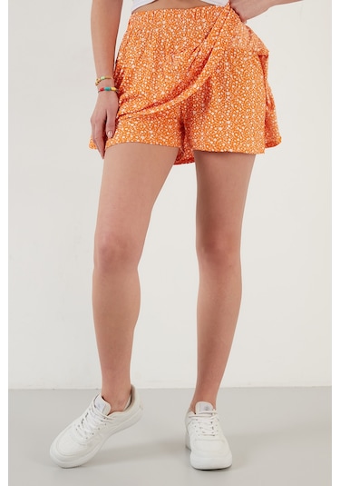 Lela Desenli Beli Lastikli Slim Fit Mini 2'Li Paket Bayan Şort Etek 5864024S2 Oranj-Siyah