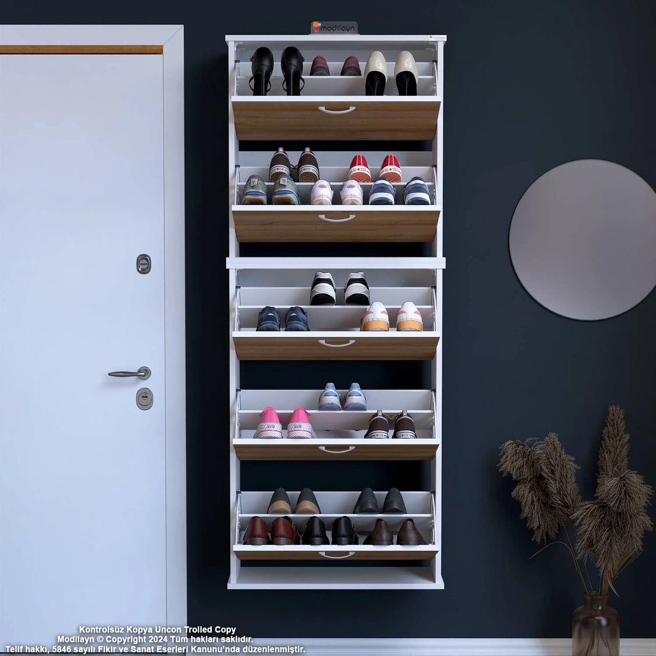 Asil 2 Li Meşe Renk Asma Ayakkabılık Antre 5 Düşer Kapak 10 Gözayakkabılık 52x181x25,5 Cm Meşe