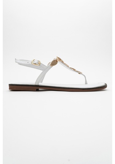 Marea Beyaz Hakiki Deri Parmak Arası Gold Tokalı Kadın Sandalet Beyaz
