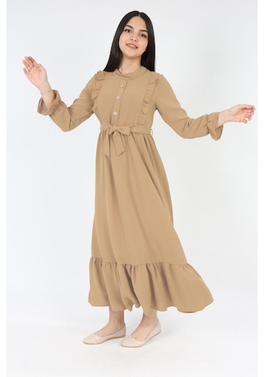 Kiz Cocuk Elbise Aerobin Keten Kumaş Tesettüre Uygun Uzun Boydan Cocuk Elbise Açık Bej