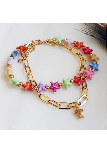 Altın Kaplama Zincir & Kaplumbağa Kadın Yıldız İkili Halhal Çok Renkli