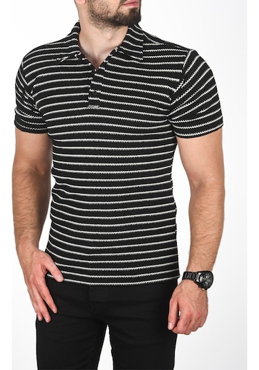 Deepsea Erkek Siyah Slim Fit Nefes Alan Pamuklu Polo Yaka Tişört Dar Kesim Örme Kumaş Tişört 2501207 Siyah