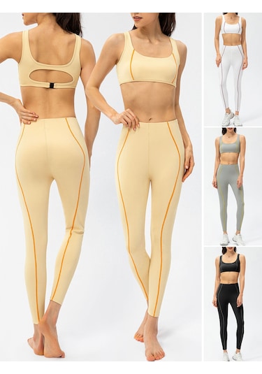 Moveevo Kadınlar İçin Sarı Fitness 2'li Set: Dekoratif Çizgili Büstiyer + Tayt, Avrupa Beden 4/s 22738+22373 Sarı