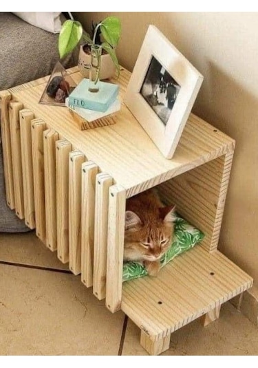 Hem Sehpa Hem Kedi Evi - Fonksiyonel Masif Ahşap Kedi Yuvası