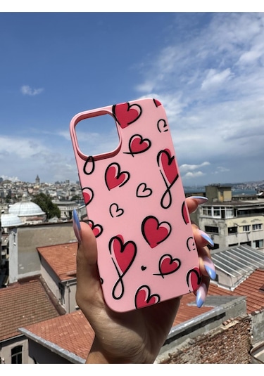 İphone 13 Pro Uyumlu Kırmızı Kalpler Tasarımlı Telefon Kılıfı - Şeker Pembe