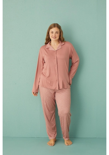Gd Goldoremi 50851-9 Büyük Beden Kadın Puantiyeli Önden Düğmeli Pijama Takım 001