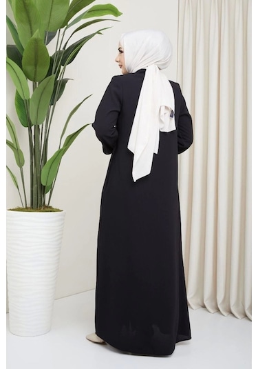 Salaş Kesim Yakası Bağcıklı Tesettür Ferace Siyah