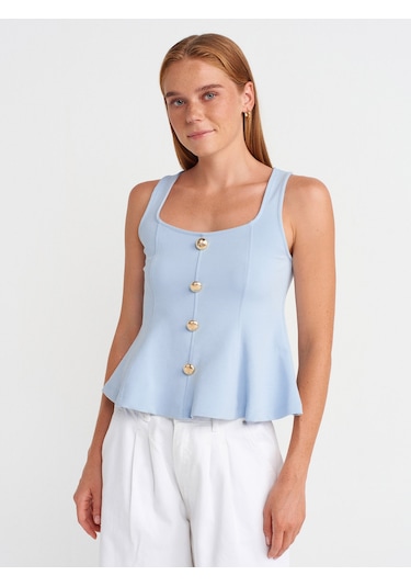Dilvin 31979 Düğmeli Peplum Top-açık Mavi Açık Mavi