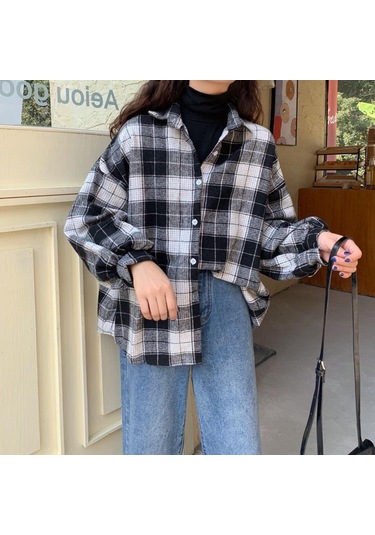 Siyah Kadın Günlük Ekose Uzun Kollu Gömlek Moda Düğmeli Gevşek Hırka Üstleri Siyah
