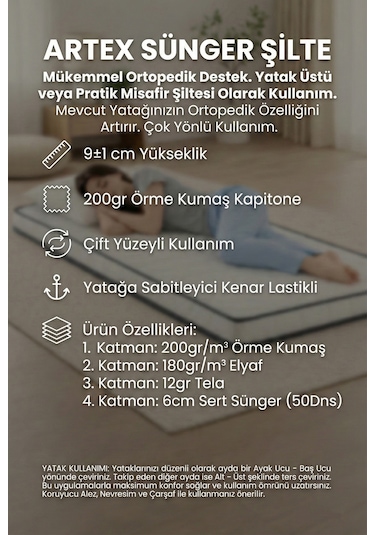 Artex Sünger Şilte Yer Yatağı Cotton 9 +-1cm Cm Ped Yatak Şiltesi Pedi Topper Mattress Tek Kişilik