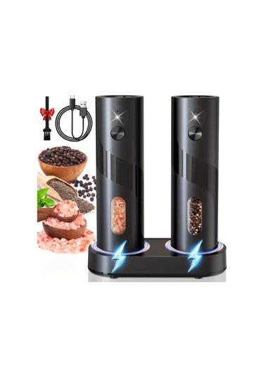 Motion003 2 Adet Üstten Doldurmalı Otomatik Elektrikli Biber Değirmeni Seti Ayarlanabilir Öğütme Kalınlığı Büyük Kapasite Ev Mutfak İçin Led Işık Ahşap