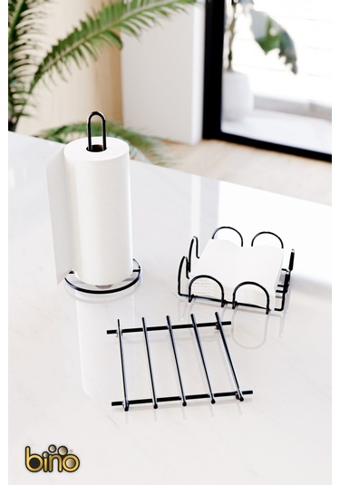 Bino Servis Sunum Seti Havluluk Peçetelik Nihale Paslanmaz Çelik Mat Siyah Metal 3 Lü Mutfak Seti