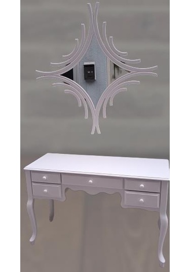 Dresuar Makyaj Masa 5 Çekmece Cnc Ayna Kayın Aslan Ayak Parlak Beyaz Lake El Yapımı Beyaz