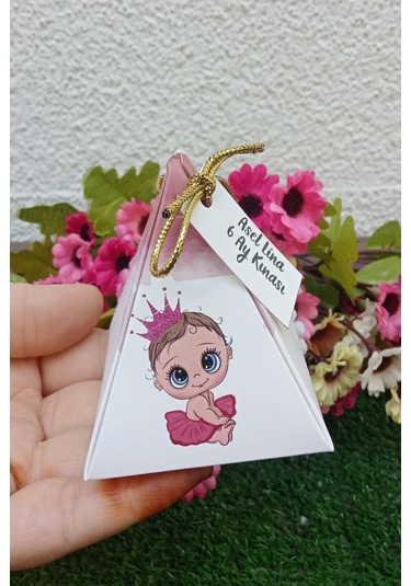 30 Adet Gold İpli Pembeli Kız Piramit Kutu - 6 Ay Kınası - Lokum