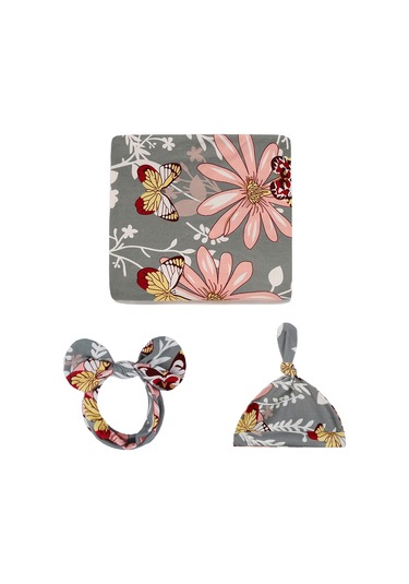 Yaozixa Protein Fiber Bebek Sarılamak Seti: 80x80cm Desenli Battaniye + Şapka + Saç Bandı Gri Kelebek Desenli Gri