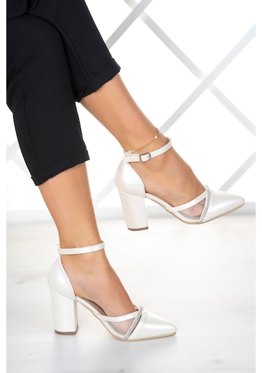 Molly Sedef Vegan Taşlı Fileli Kalın Topuklu Ayakkabı Sedef