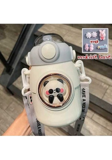 Elmpaly Çocuklar Termos Şişe Kawaii Saman 700 Ml Paslanmaz White And Stickers/ Çok Renkli