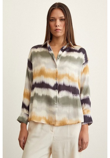 Kadın Uzun Kol Sulu Boya Desenli Renkli Pamuk Saten Premium Kalite Spor Şık Gömlek Haki