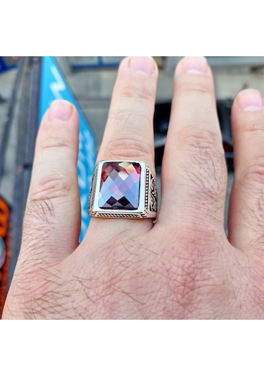 Fkgümüş Burgu İşlemeli Faset Kesim Kırmızı Taşlı Erkek Yüzük