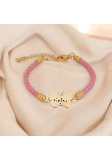 Archin Defne İsmine Özel Kelebek Motifli 14 Ayar Altın Plakalı Doğal Pembe Derili Hediye Bileklik-429isim Defne
