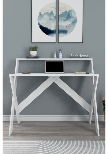 Enda Home X Ayaklı Raflı Ders Çalışma Masası 50x90 Cm Beyaz