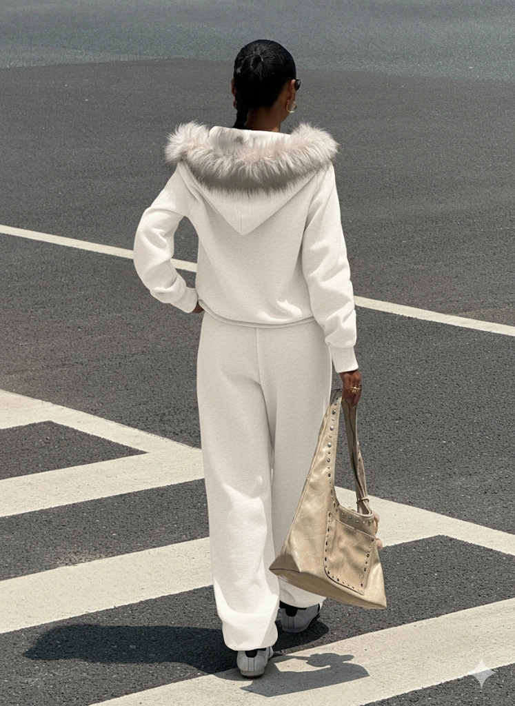 Ekru Siyah Fermuarlı Kapüşonlu Sweatshirt Eşfoman Takımı Kürklü Kapüşon, Cepli, Rahat Kalıp Ekru