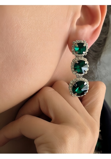 Riviere Kristal Taşlı Çiçek Model Yeşil Renkli Kolye Küpe Set