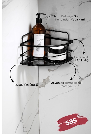 2’li Kancalı Yapışkanlı Banyo Duş Köşe Rafı – Ayarlanabilir Kristal Raf (Yapıştır/Vidala) Siyah-Siyah - LK-01 - SS
