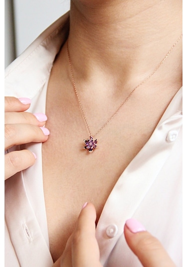 925 Ayar Gümüş Mor Lotus Çiçeği Kolye - N165701 Rose Gold