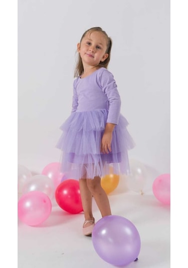 Kız Çocuk Kat Kat Tütülü Pamuklu Uzun Kollu Mor Özel Gün Abiye Doğum Günü Günlük Prenses Elbise Mor