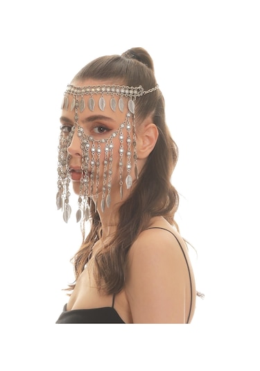 Kadın Antik Gümüş Kaplama Yaprak Charm Detaylı Ayarlanabilir El Yapımı Peçe, Yüz Zinciri Gümüş