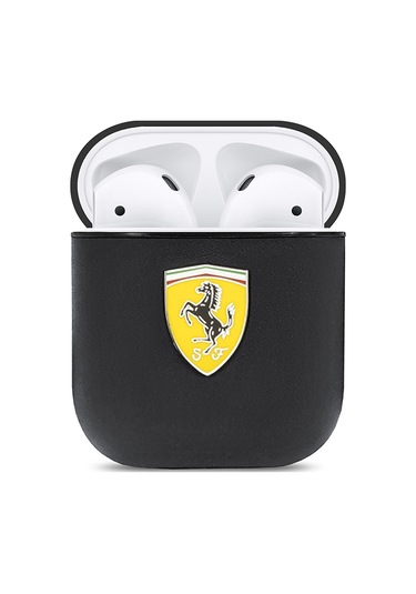 Airpods Uyumlu Kılıf Ferrari Lisanslı Pu Deri Metal Logolu Sf Arka Yüzey Yazılı Kapak Siyah