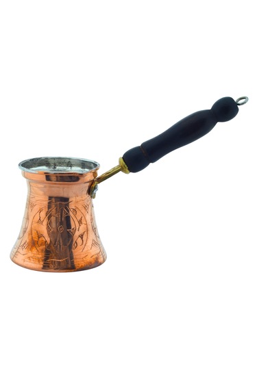 Ludıa İşlemeli Ahşap Saplı El Yapımı Eskitme Bakır Cezve M2