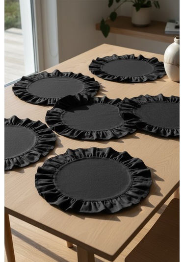 Yunusoğlu Home Pamuklu Fırfırlı Supla 6'lı Set Amerikan Servis 33 Cm Çap Supla 6'lı Siyah