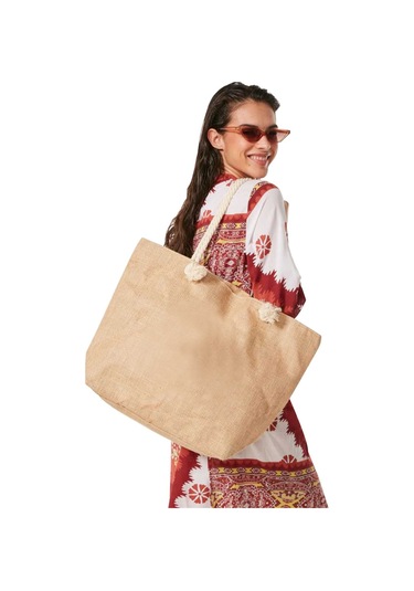 Hasır Plaj Çantası - Jüt Kumaş Plaj Çantası Açık Kahverengi