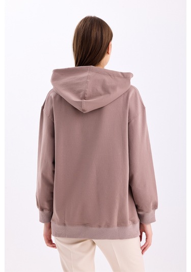 Pastelastore Pamuklu Kapüşonlu 2 İplik Baharlık Oversize Sweatshirt Vizon