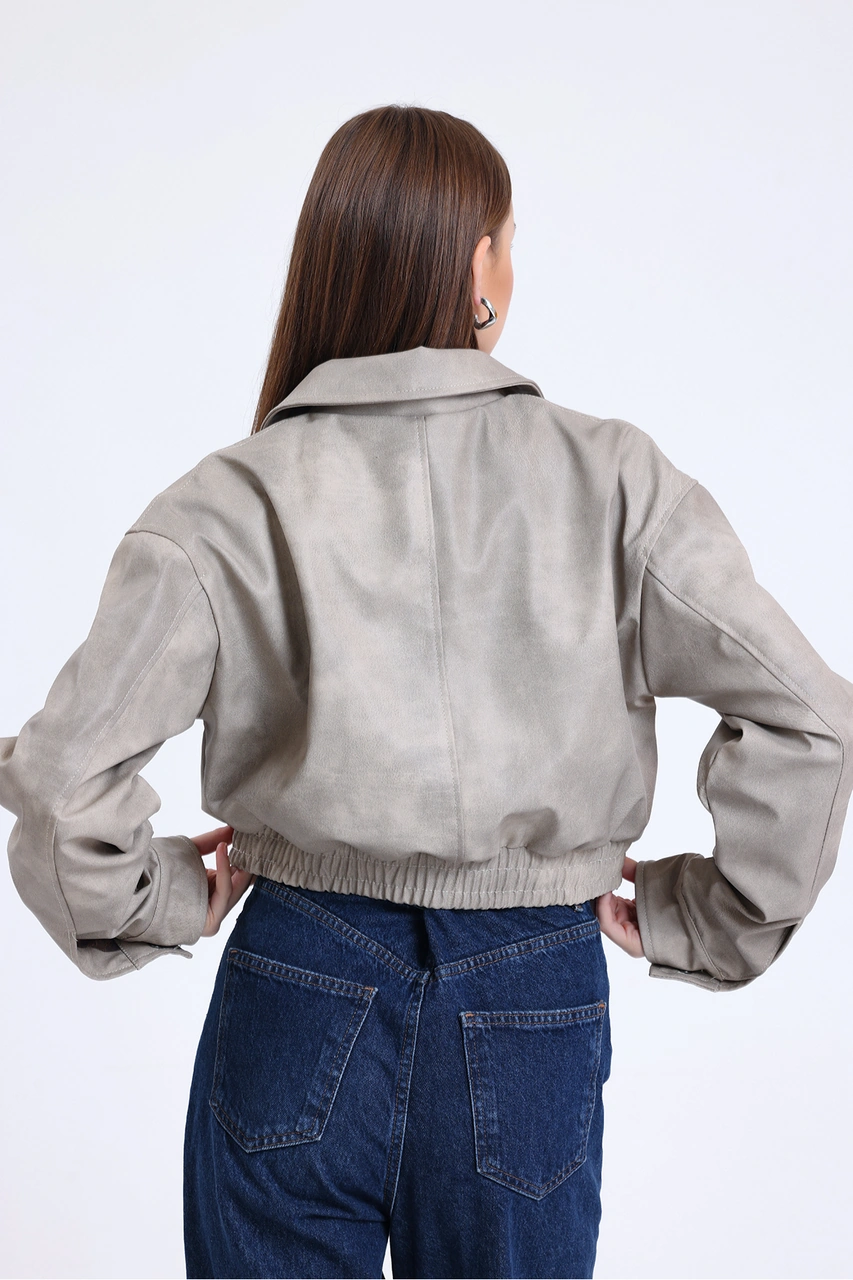 Kadın Deri Oversize Astarlı Kol Çıt Çıt Düğmeli Deri Mont Fermuar Kapamalı Kolej Mont Bej Bej