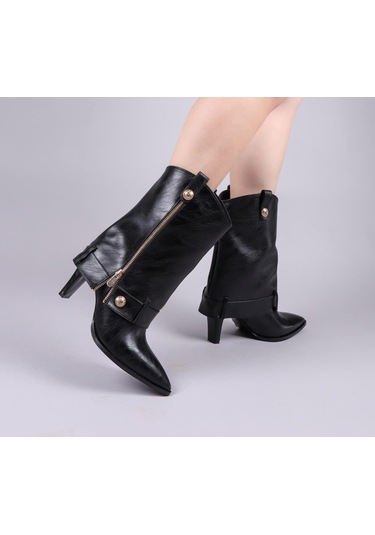Kindep Fermuar Detaylı Günlük Kısa Topuklu Kadın Çizme Siyah Siyah